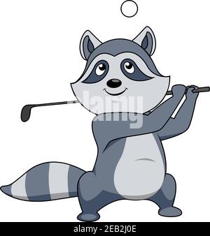 Cartone animato poco grigio raccoon giocare a golf oscillare il club sopra la sua spalla Illustrazione Vettoriale