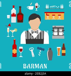 Barman e barman professione icone appartamento con uomo, bevande alcoliche e bevande, elementi pub Illustrazione Vettoriale