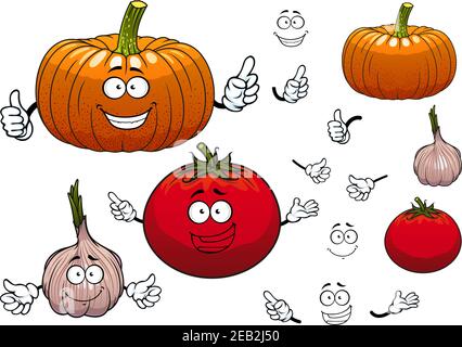 Zucca o zucca, pomodoro e aglio cartoni di verdure personaggi con mani e volti felici, isolati su bianco Illustrazione Vettoriale