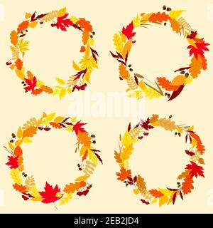 Coloratissime ghirlande o corone d'autunno e foglie cadono in tonalità di arancio, rosso e giallo con copyspace centrale Illustrazione Vettoriale