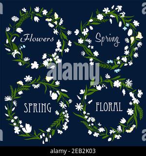 Set di graziose corone floreali primaverili con fiori bianchi sinuosi e foglie verdi Illustrazione Vettoriale