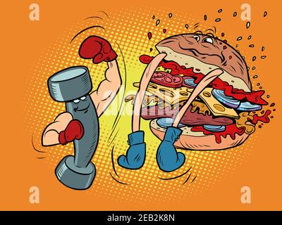 Pugilato dumbbell contro hamburger. Stile di vita sportivo contro nocivo Illustrazione Vettoriale