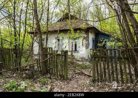 Villaggio abbandonato a Chernobyl, Ucraina in una giornata estiva Foto Stock