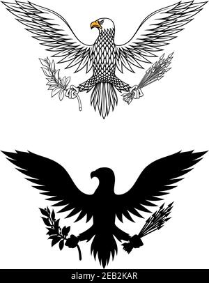 Aquila americana che tiene un ramo di olive e frecce simboliche di guerra e pace Illustrazione Vettoriale