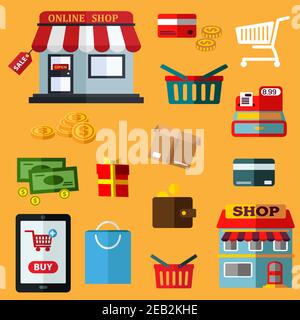 Shopping e retail icone piatte di negozio online, tag di vendita, tablet pc con pulsante di acquisto, denaro, carte bancarie, carrello, cestino e borsa, negozio, portafoglio Illustrazione Vettoriale