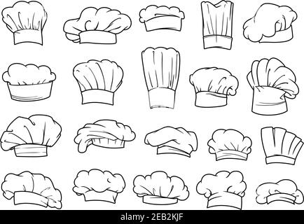 Grande set di chef toques, cappelli e cappelli in diverse forme e design, stile bozzetto Illustrazione Vettoriale