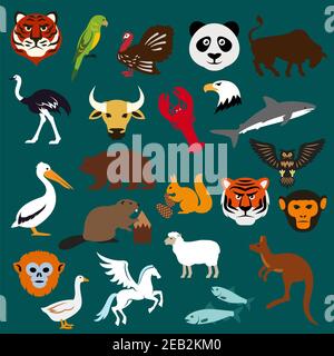 Icone di animali e uccelli tra cui tigre, pappagallo, panda, orso, canguro, pellicano, castoro, struzzo, tacchino, aragosta di aquila squalo toro scoiattolo, scimmia Illustrazione Vettoriale