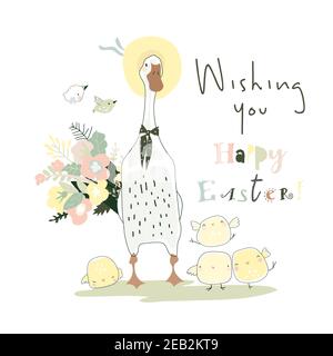 Carino oca cartoon e pulcini che celebrano Pasqua Illustrazione Vettoriale