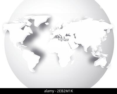 Mappa 3D bianca del mondo con ombra sfumata sul globo bianco. Sfondo a tema mondiale. Illustrazione vettoriale EPS10 tridimensionale rappresentata. Illustrazione Vettoriale