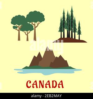 Natura canadese e paesaggio icone piatte con conifere e decidui foresta e montagne rocciose Illustrazione Vettoriale