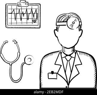 Medico terapista in uniforme medica con riflettore frontale sulla testa, stetoscopio e cardiogramma cardiaco per la progettazione sanitaria. Stile di schizzo Illustrazione Vettoriale
