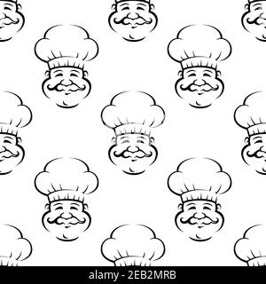 Baker sorridente o chef con baffi ricci con motivo senza cuciture sfondo bianco per il design di ristoranti o temi gastronomici Illustrazione Vettoriale