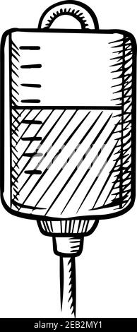 Icona di sacchetto di plastica con sangue per trasfusione isolato su sfondo bianco. Per la donazione di sangue e la progettazione della medicina, delineare lo stile di schizzo Illustrazione Vettoriale