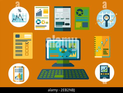 Business planning e report finanziari icone piatte con computer desktop, notebook e documenti con grafici o grafici finanziari , integrati da note Illustrazione Vettoriale
