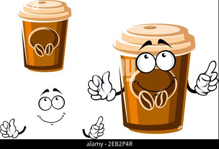 Il carattere tazzina di caffè da asporto con coperchio, decorato da chicchi di caffè. Per caffetteria o menu fast food Illustrazione Vettoriale