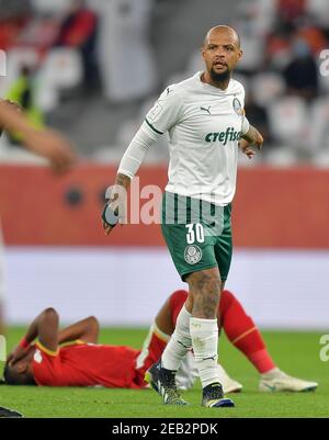 Doha, Qatar. 11 Feb 2021. Felipe Melo di se Palmeiras reagisce durante la Coppa del mondo FIFA Club 3° posto tra l'Egitto al Ahly SC e il Brasile se Palmeiras al Education City Stadium di Doha, Qatar, 11 febbraio 2021. Credit: Nikku/Xinhua/Alamy Live News Foto Stock