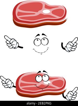 Fetta di bistecca di manzo crudo di cartone animato con un sorriso affascinante, per il macellaio o il tema del menu della Steakhouse Illustrazione Vettoriale