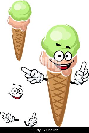 Gioioso personaggio di fumetto con gelato e cucchiai di fragola e pistacchio, per il design del dessert Illustrazione Vettoriale