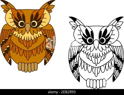 owlet marrone cartoon, con uccelli gufo colorati e delineati. Per Halloween o il disegno di temi di tatuaggio Illustrazione Vettoriale