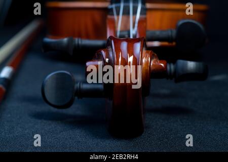 Profilo pieno di bel violino su sfondo nero Foto Stock