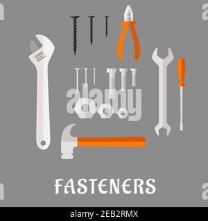 Dispositivi di fissaggio e utensili icone piatte con viti, chiodi, bulloni e dadi, martello, chiave, cacciavite, pinze e chiave regolabile su sfondo grigio Illustrazione Vettoriale