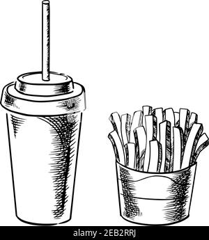 Fast food patatine fritte in scatola di carta e bevanda fredda soda in tazzina da asporto con coperchio e paglia isolato su sfondo bianco, stile schizzo Illustrazione Vettoriale