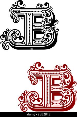 Lettera calligrafica B in caratteri maiuscoli con eleganti rotazioni e. ornamento a punti per la progettazione di certificati o monogrammi Illustrazione Vettoriale