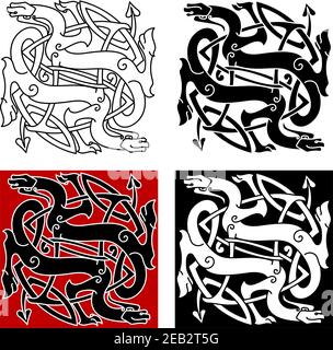 I draghi celtici hanno un motivo a nodo con totem medievali stilizzati, ornati da elementi decorativi tribali, per il tatuaggio o la t-shirt Illustrazione Vettoriale