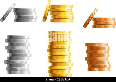 Pile di monete d'oro, d'argento e di bronzo in diverse altezze con oro il più alto in due varianti diverse con una moneta pendente sul lato,vettore il Illustrazione Vettoriale