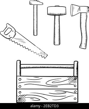 Scatola di legno per attrezzi di Falegnameria. Illustrazione vettoriale  disegnata a mano. Toolbox in legno con sega e martello per ferramenta  Immagine e Vettoriale - Alamy