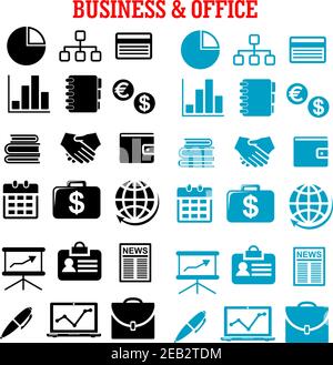 Business, finanza e ufficio icone piatte con profili in nero e blu di report finanziari, denaro, stretta di mano, grafico, borse, laptop, notizie, globo Illustrazione Vettoriale