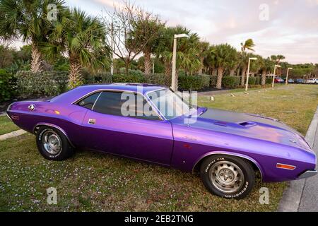 Un classico viola 1970 Dodge Challenger R/T è esposto alla mostra di auto Lew's Crew sull'isola di Hutchinson a Stuart, Florida, USA. Foto Stock