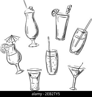 Bevande alcoliche, cocktail e bevande serviti in bicchieri con frutta, padelle e ombrello. Icone di schizzo Illustrazione Vettoriale