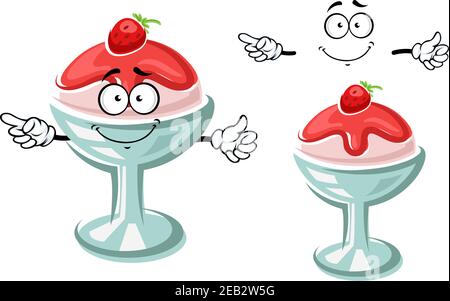 Delizioso carattere dessert al gelato al cartone animato con salsa fruttata e fragola fresca. Per il tema del menu dessert Illustrazione Vettoriale