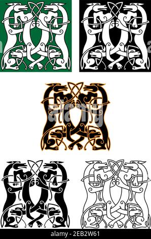 Mitico lupo intricato e bestie di cane in piedi l'uno di fronte all'altro in un disegno quadrato, stile di ornamento celtico Illustrazione Vettoriale