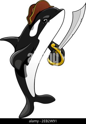 Personaggio di balena pirata cartoon con spada in piedi sulla coda, pronto a combattere. Per la progettazione di temi marini o avventurosi Illustrazione Vettoriale