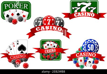 Casino, jackpot e icone di gioco di poker con carte, gettoni di gioco, roulette ruota e fortunati tre sette simboli, completato da banner nastro rosso Illustrazione Vettoriale
