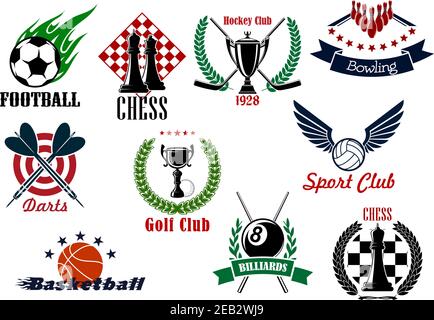 Emblemi sportivi per competizioni di calcio o calcio, basket, hockey, pallavolo, golf, biliardo, bowling, freccette e scacchi con oggetti da gioco, wr Illustrazione Vettoriale