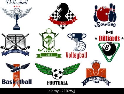 Emblemi e icone di club o squadre sportive per calcio, calcio, pallacanestro, hockey su ghiaccio, bowling, biliardo, golf, scacchi e pallavolo con oggetti Illustrazione Vettoriale