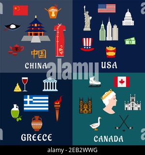 USA, Cina, Grecia e Canada viaggi e monumenti icone piatte con cultura tradizionale, religione, architettura, cucina e simboli nazionali Illustrazione Vettoriale