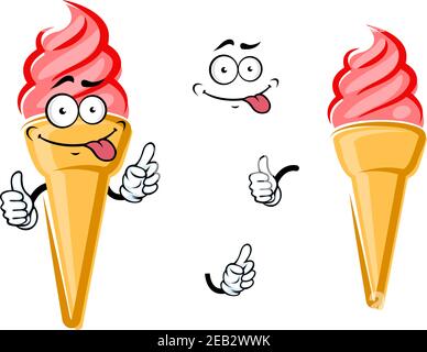 Gelato alla fragola cono cartone animato con swirl rosa che dà il pollice in su segno, per cibo o menu dessert Illustrazione Vettoriale