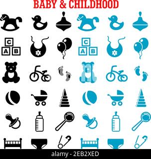 Icone per bambini, bambini e bambini insieme con icone piatte blu e nere di giocattoli, pannolino, biberon, succhietto, sonaglino, passeggino, cubetti, palla, letto, bib, bicy Illustrazione Vettoriale
