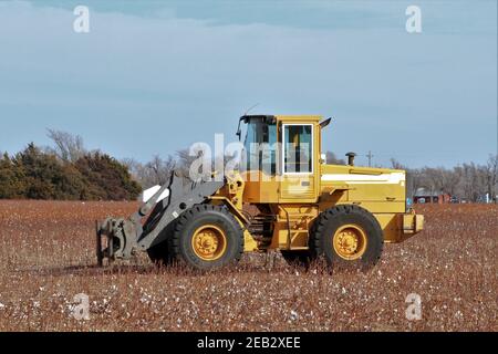 Caricatore frontale per attrezzature pesanti in un campo di cotone con attrezzatura per sollevamento forche pronta per il lavoro con cielo blu. Foto Stock