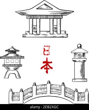 Icone tradizionali dell'architettura giapponese con ponti, templi e lanterne di pietra. Per la cultura orientale o il design di viaggio, icone di schizzo Illustrazione Vettoriale