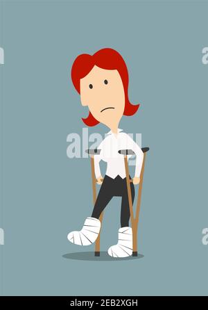 Triste infortunata donna d'affari si appoggia su stampelle di legno con calchi di gesso su gambe rotte, per l'assicurazione sanitaria, la sanità o rotto business concept desi Illustrazione Vettoriale