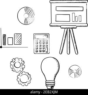 Lavagna a fogli mobili con grafici, grafici a torta, grafico a barre, calcolatrice, lampadina idea e icone di schizzo Gears. Per rapporti aziendali, presentazioni e riunioni Illustrazione Vettoriale