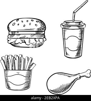 Hamburger fast food con verdure fresche, bicchiere di carta soda con cannuccia, patatine fritte in scatola da asporto e coscia di pollo fritta. Disegnare le immagini Illustrazione Vettoriale