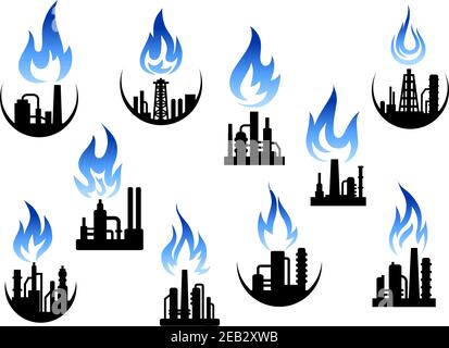 Silhouette di raffinerie di petrolio, lavorazione del gas naturale e piante chimiche icone set con fiamma ornamentale blu sopra i loro tubi, per l'incupiscenza del petrolio Illustrazione Vettoriale