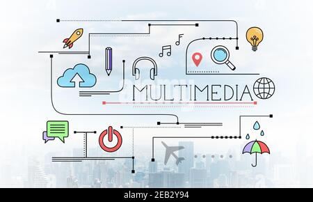 Contenuti multimediali disegno lineare con segni di media Foto Stock