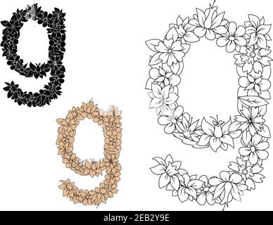 Lettera g minuscola con alfabeto floreale incolore, decorata con fiori ed erbe, per un design romantico Illustrazione Vettoriale